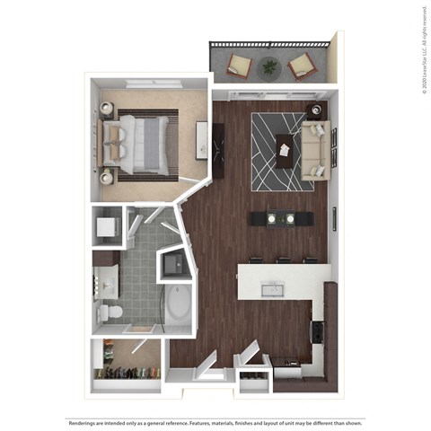 Floor plan for 1 bed, 1 bath, 768 sqft